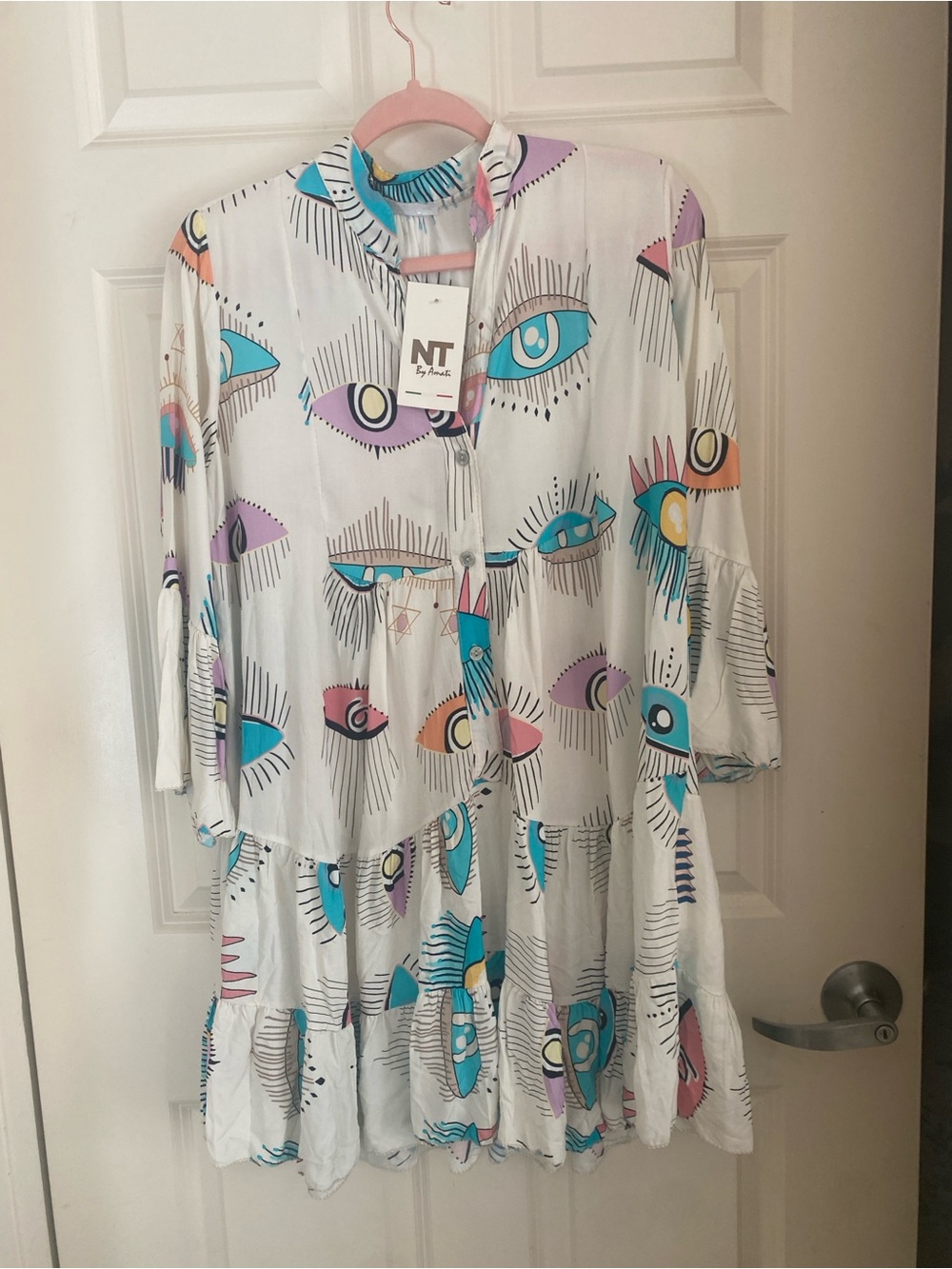 NT by Amati Eye Print Tiered Tunic Dress - White with Teal, Pink & Purple Eyes - Picture 3 of 5